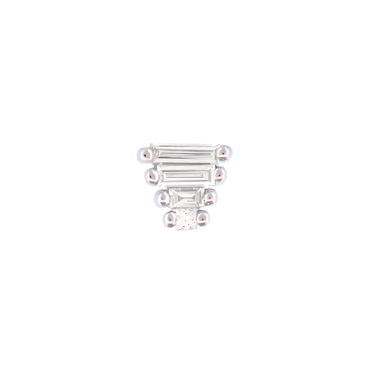 Fiat Lux Staircase earring: a 14k gold stud with three baguette diamonds stacked above a single square-cut diamond.