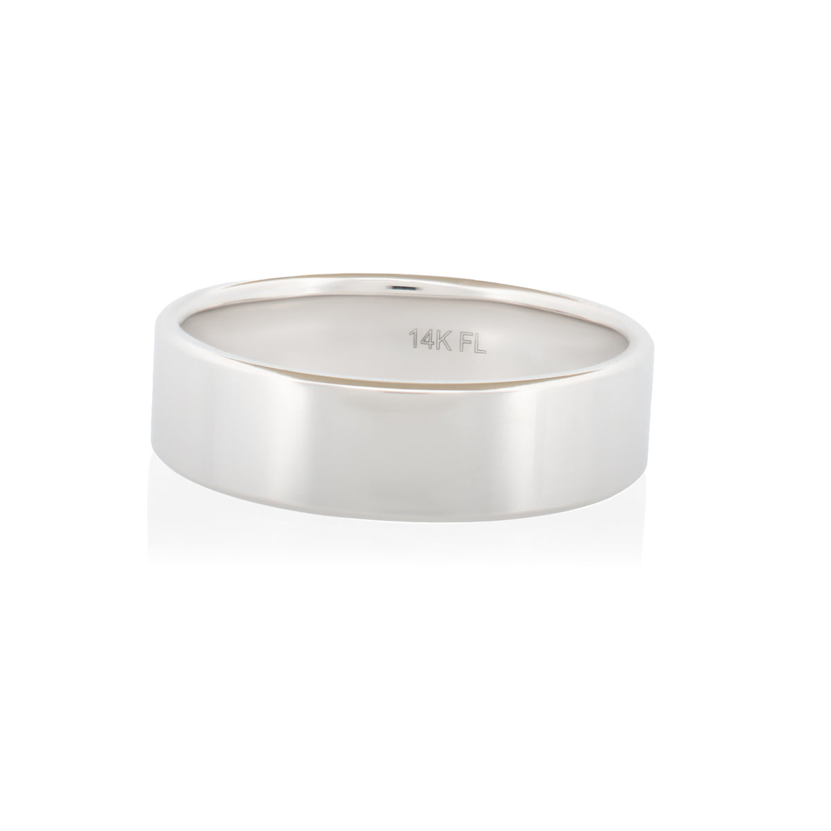 A silver-colored Classic Flat Band (6mm) with 14K FL stamped on the inner surface.