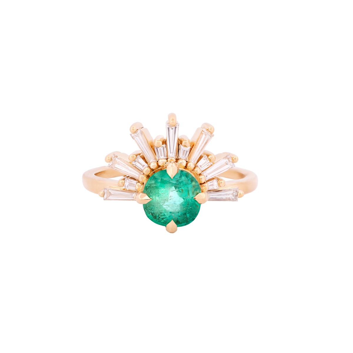 Fiat Lux Grande Demi Feu ring featuring a round Colombian emerald surrounded by fan-shaped baguette diamonds.