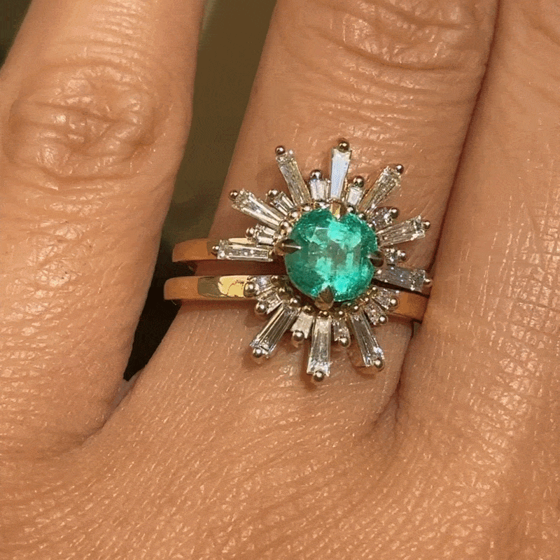 Fiat Lux Grande Demi Feu - Emerald Cushion (1.29ct) ring in 18k yellow gold with a cushion emerald and diamond sunburst halo.