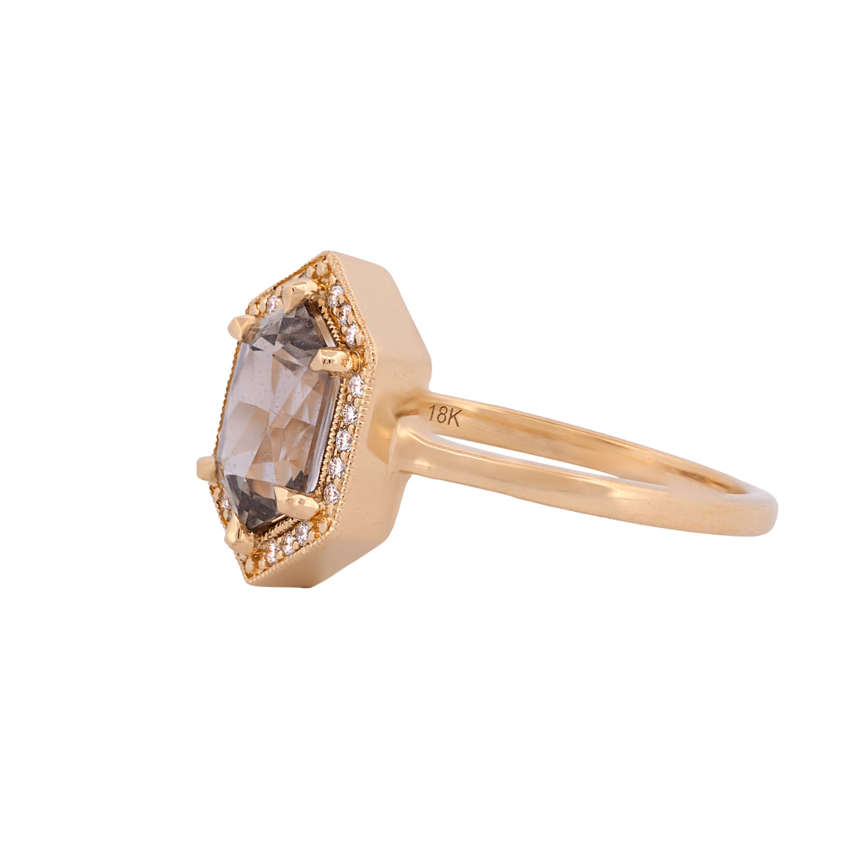 Fiat Lux Grande Hex Hester 18K gold ring with a hexagonal grey Tanzanian sapphire and a white diamond halo.