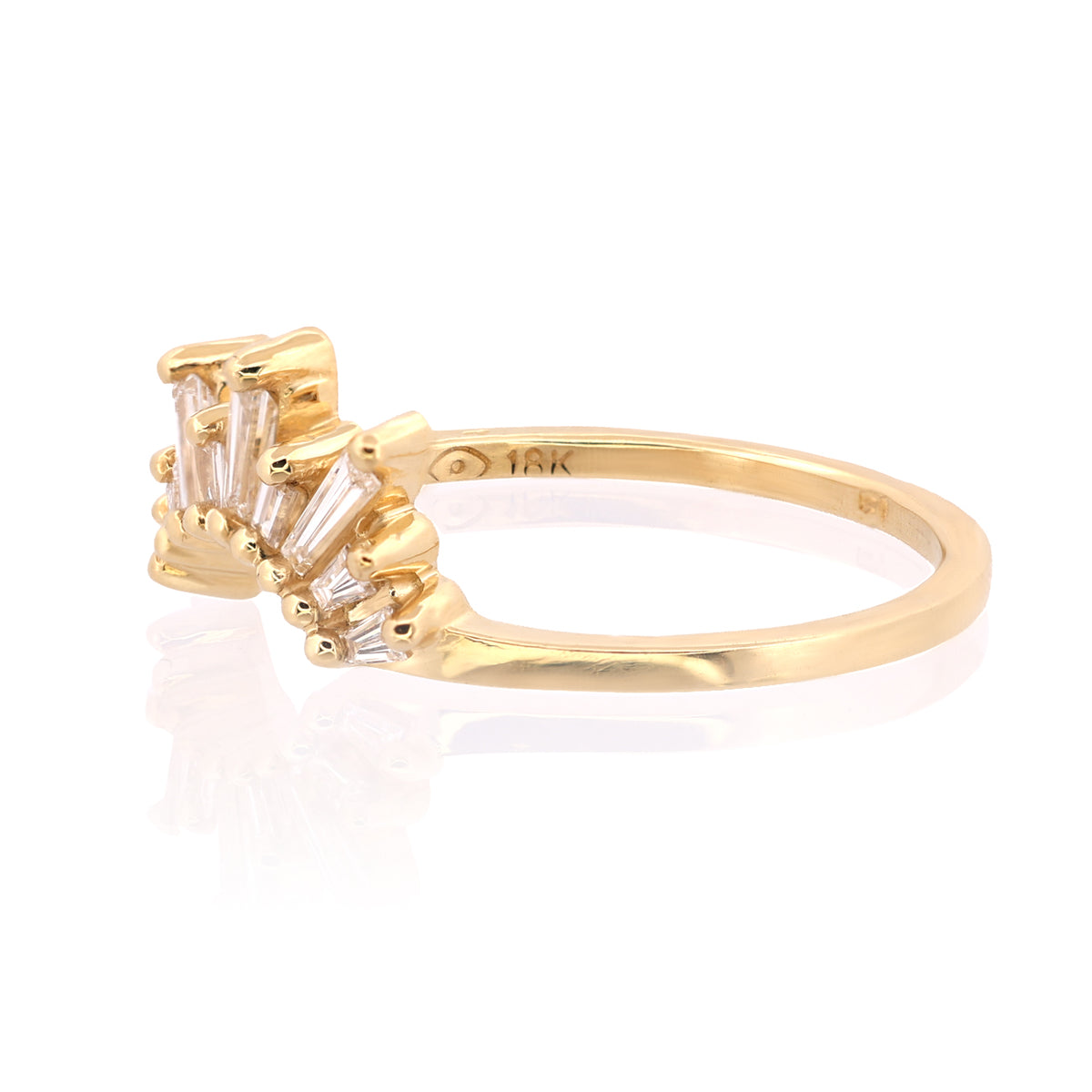 Fiat Lux Short Meridian Ring in 18k gold, featuring white diamond baguettes in a fan design on a white background.