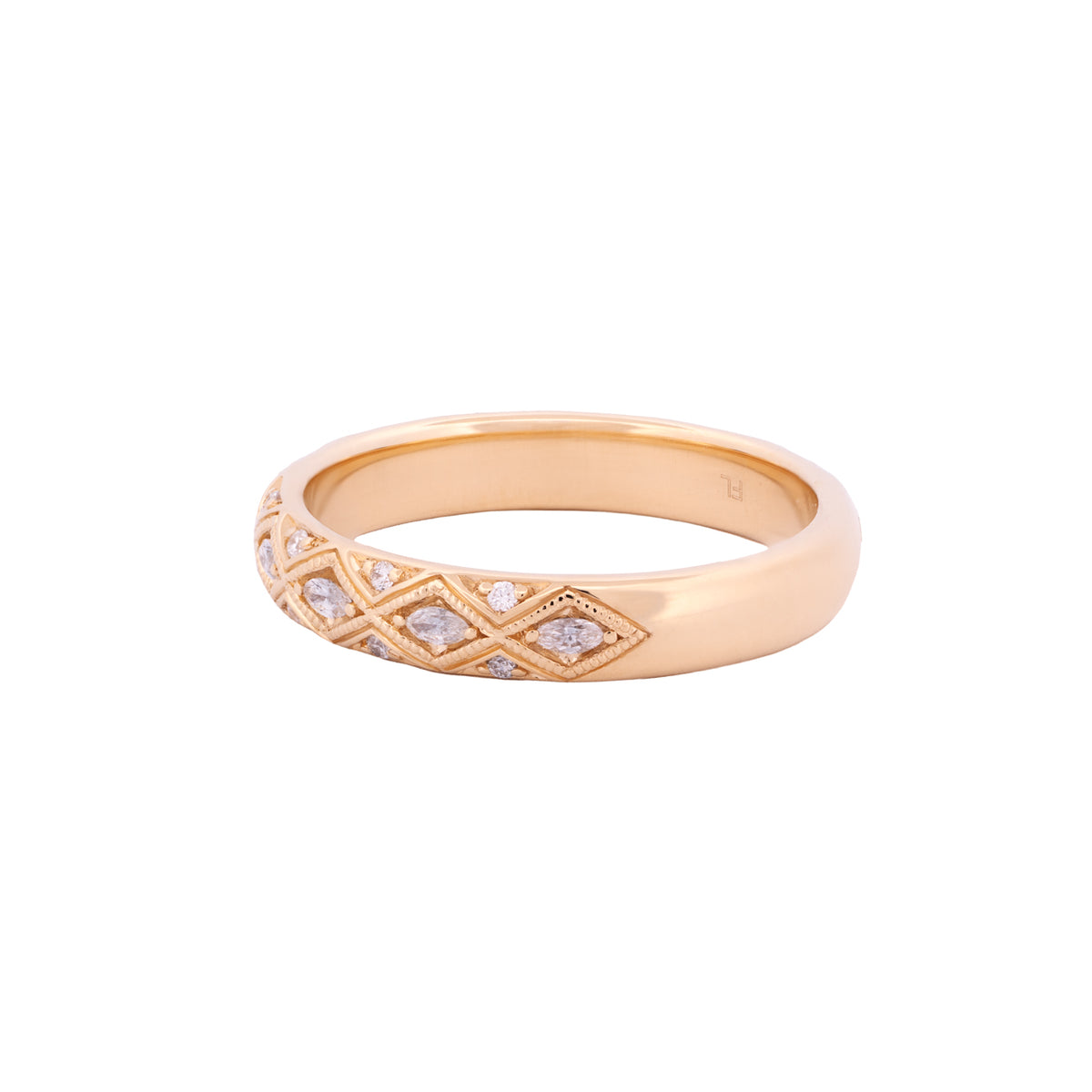 Serpentra Ring - Marquise Diamond: a 14k gold band featuring a diamond-set geometric lattice pattern.
