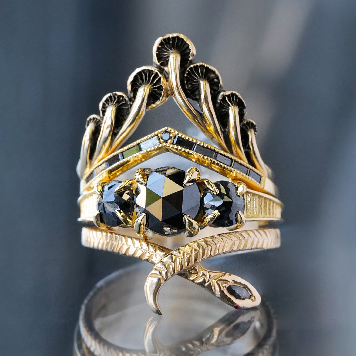 Grande Black Diamond Round Rose Cut Temple Ring (2.09ctw)