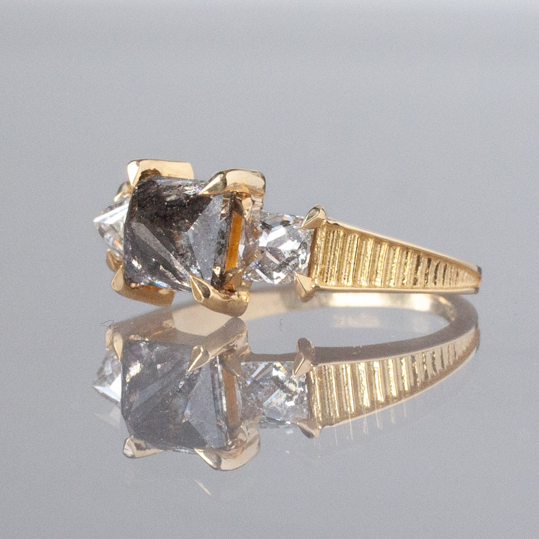 Classic Temple Ring - Salt & Pepper Princess Diamond