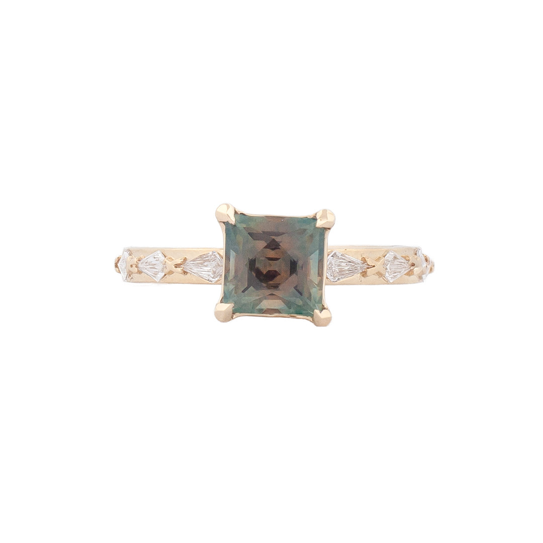 Fiat Lux Classic Theia Ring with 1.70ct plum sapphire, diamond accents, 14K gold; top view.
