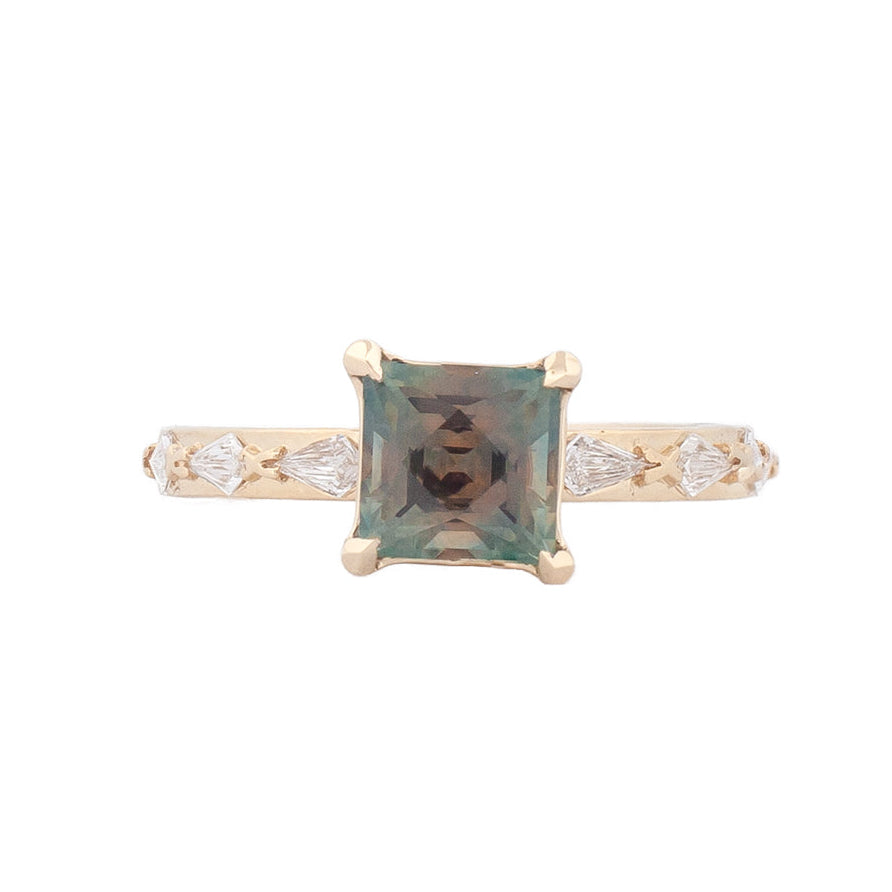 Fiat Lux Classic Theia Ring with 1.70ct plum sapphire, diamond accents, 14K gold; top view.