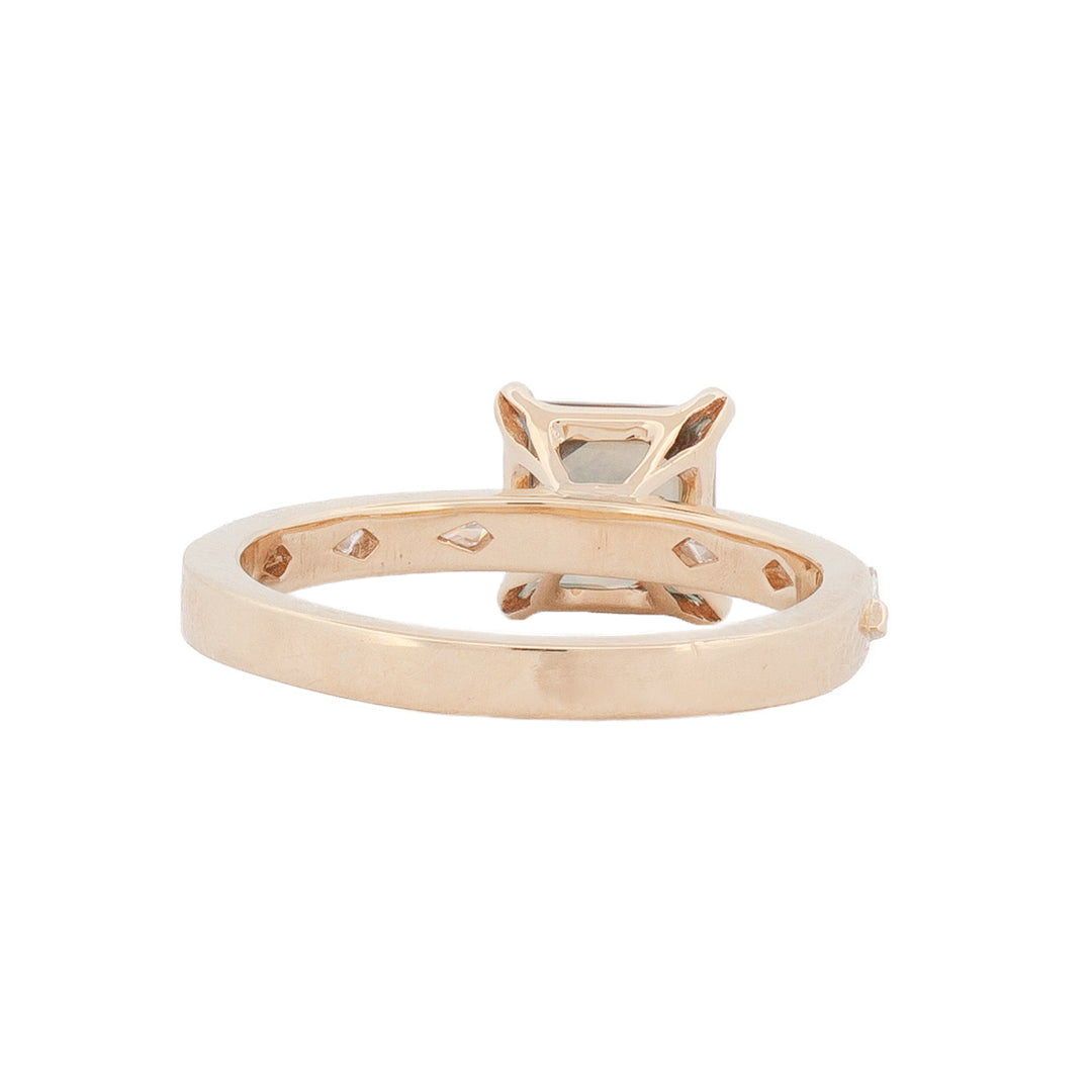 Fiat Lux Classic Theia Ring with 1.70ct plum sapphire, diamond accents, 14K gold band, shown from the back angle.