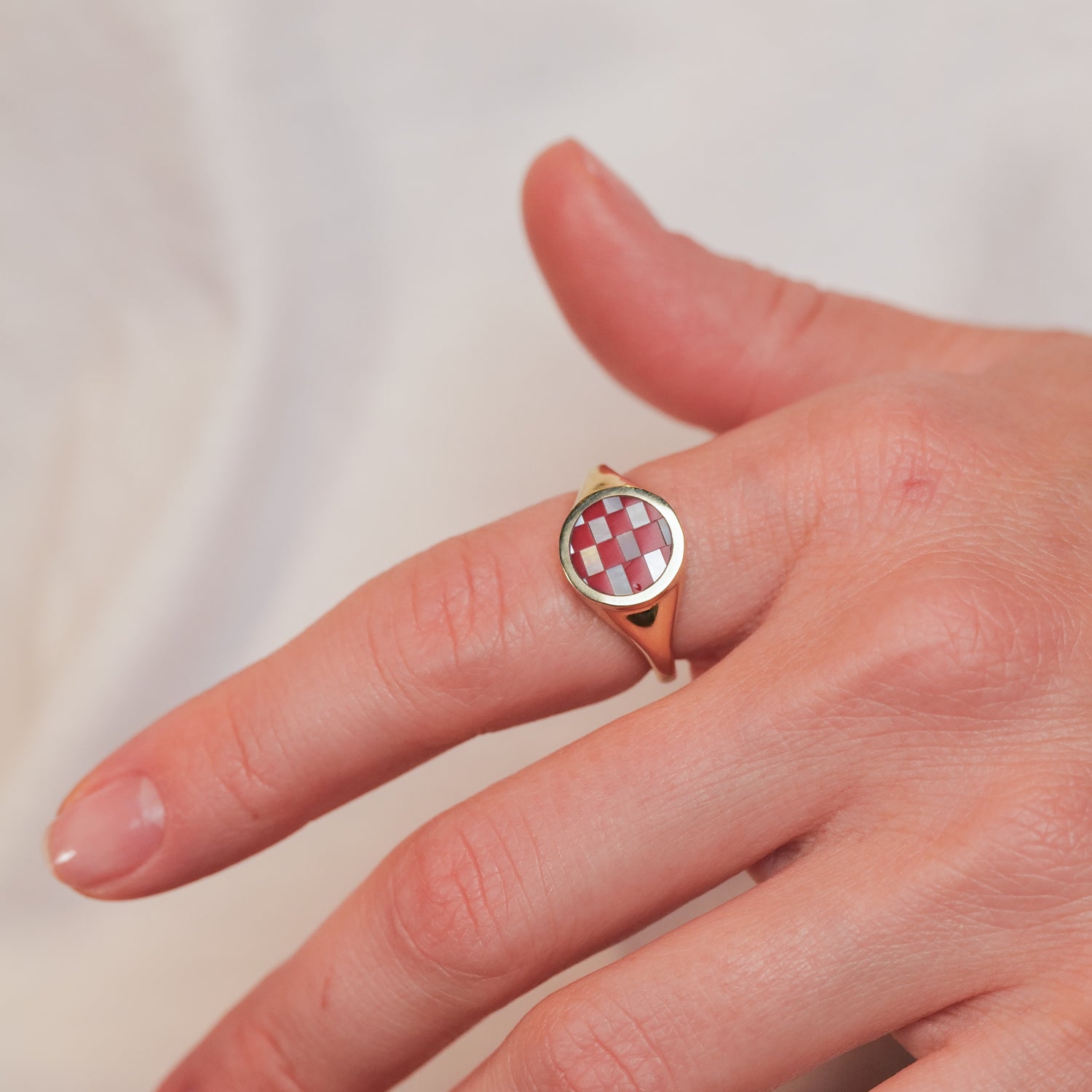 Orb Checkerboard Signet Ring - Coral