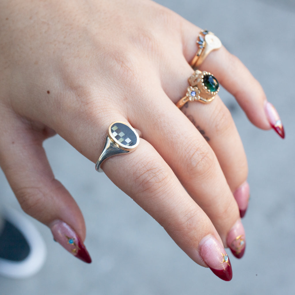 Mirror Half Checkerboard Signet Ring