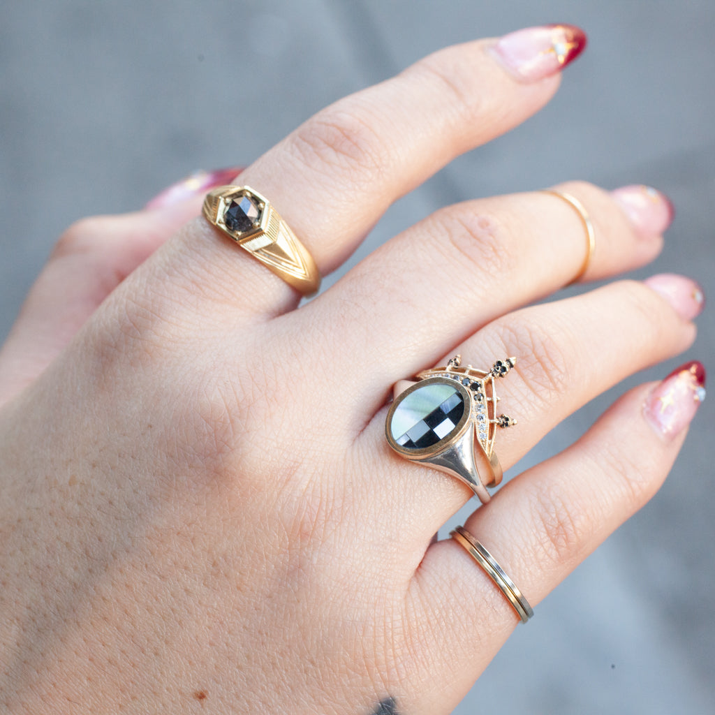 Mirror Half Checkerboard Signet Ring - White