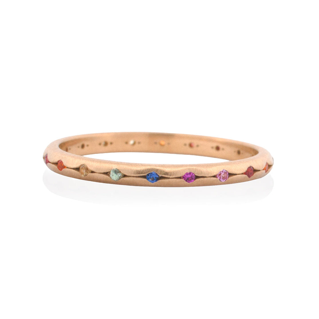 Lauren Newton Rainbow Scallop Band - 2mm: an 18K gold ring with a scalloped edge set with small, multicolored gemstones.