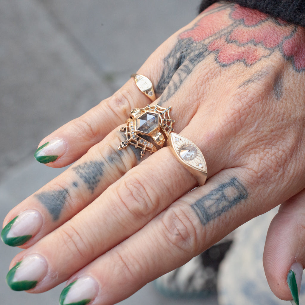 Salt & Pepper Diamond Hex Skulls Ring