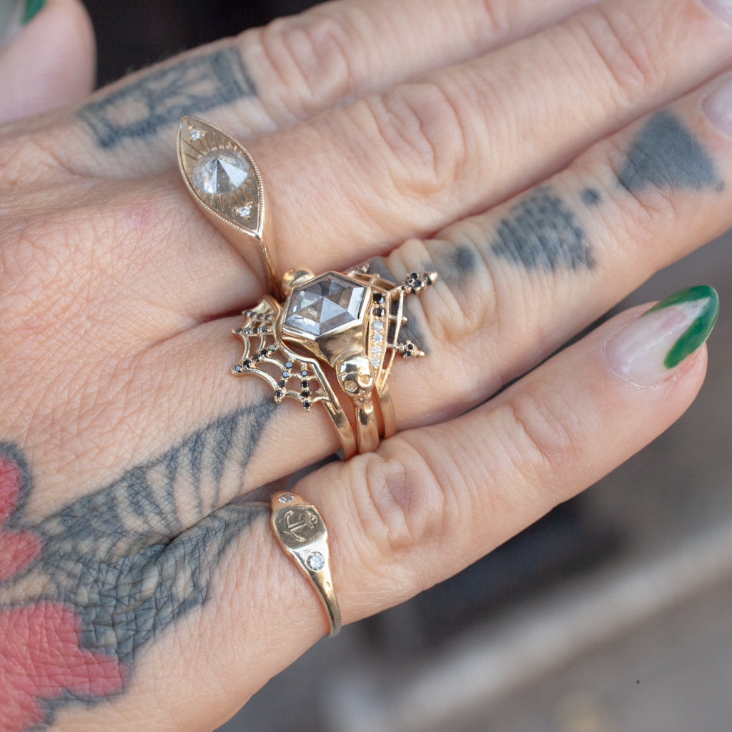 Salt & Pepper Diamond Hex Skulls Ring