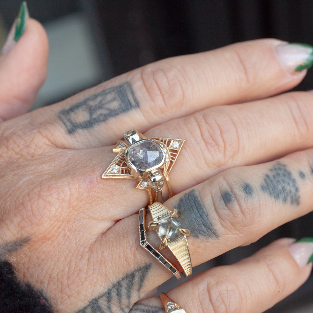 Salt & Pepper Diamond Cushion Skulls Ring