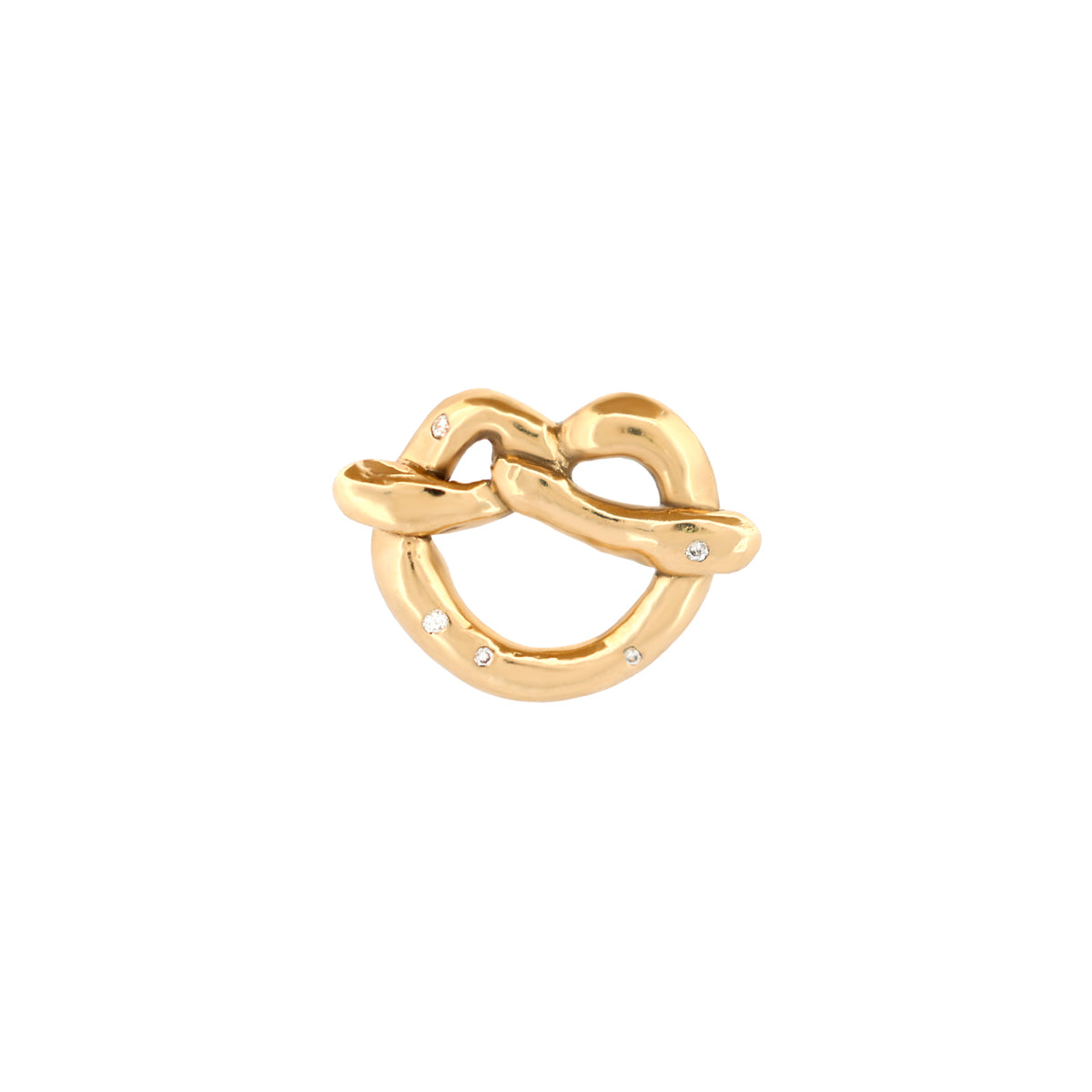 Megan McGuinn Bretzel Charm in 14K gold, shaped like a pretzel and accented with small inset stones.