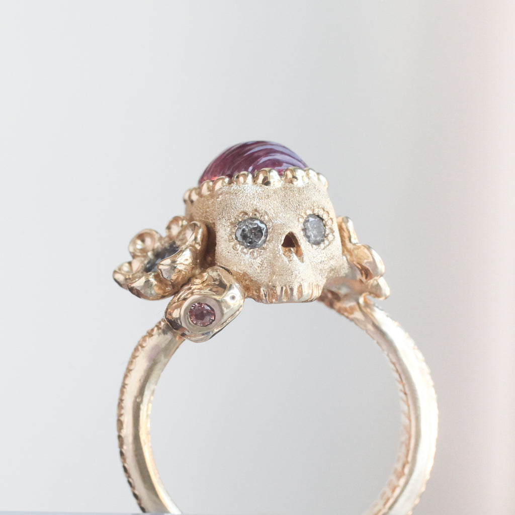 Carved Pink Tourmaline Nozarashi Skull Ring