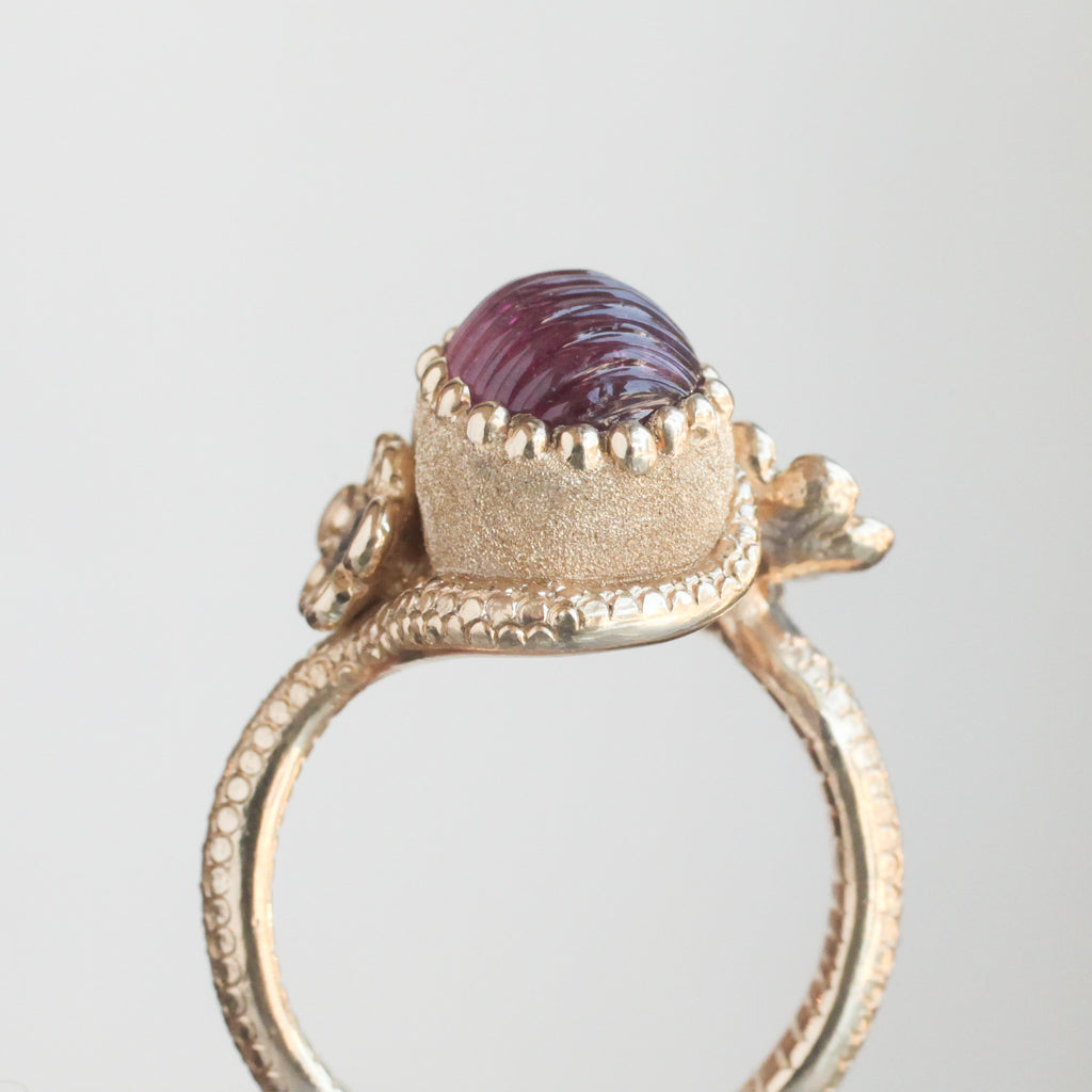 Carved Pink Tourmaline Nozarashi Skull Ring