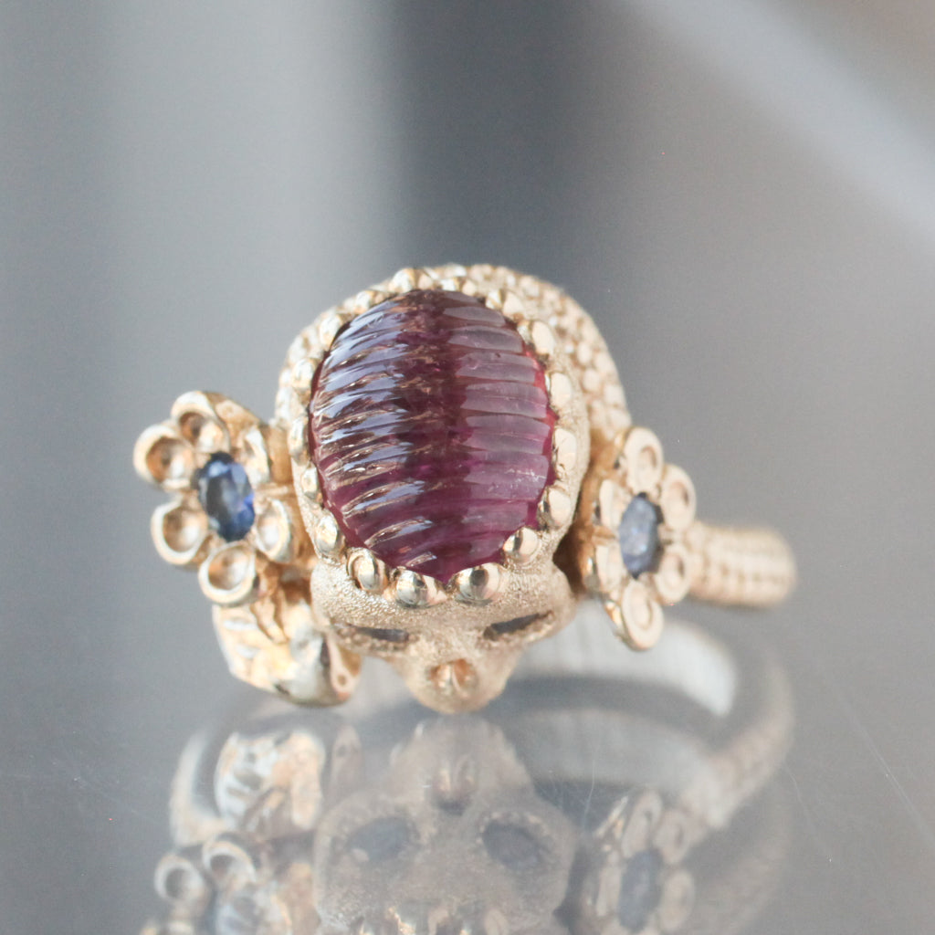 Carved Pink Tourmaline Nozarashi Skull Ring