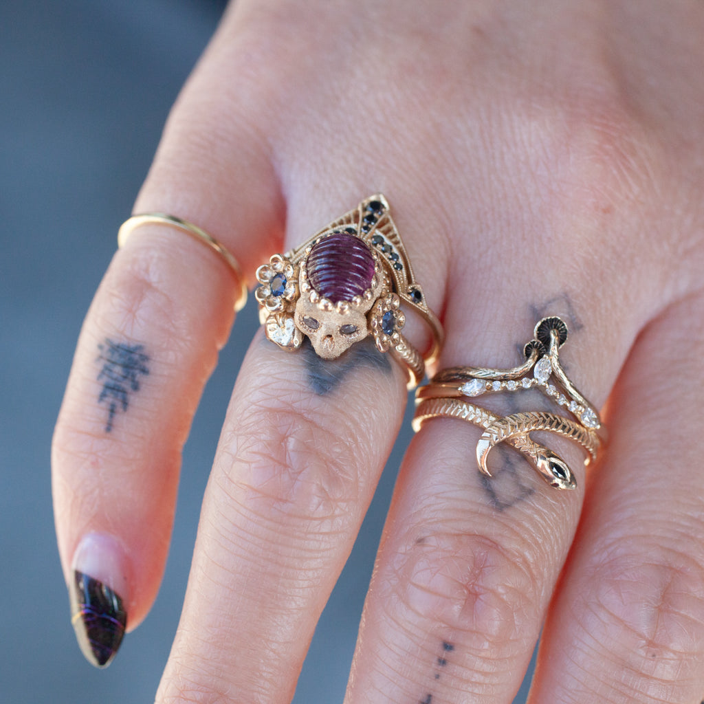 Carved Pink Tourmaline Nozarashi Skull Ring