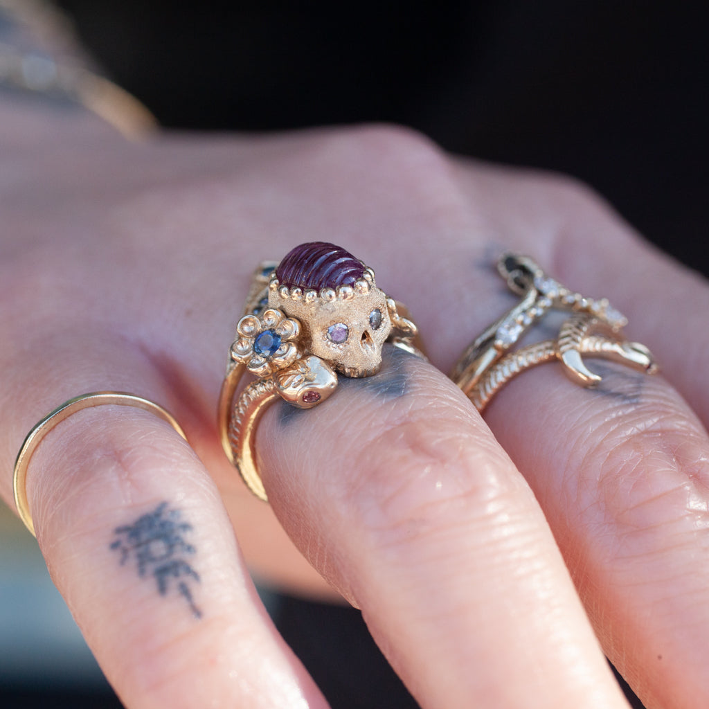 Carved Pink Tourmaline Nozarashi Skull Ring