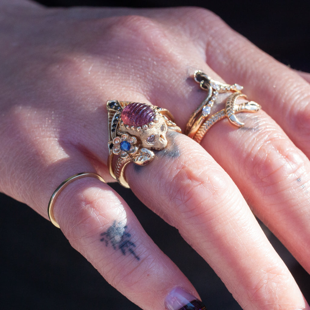 Carved Pink Tourmaline Nozarashi Skull Ring