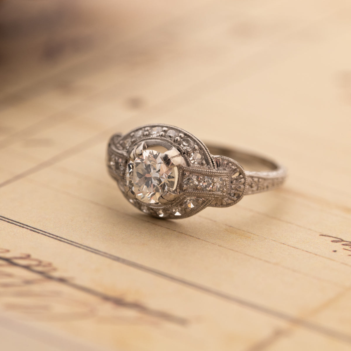 Vintage Transitional Cut Diamond Halo Ring