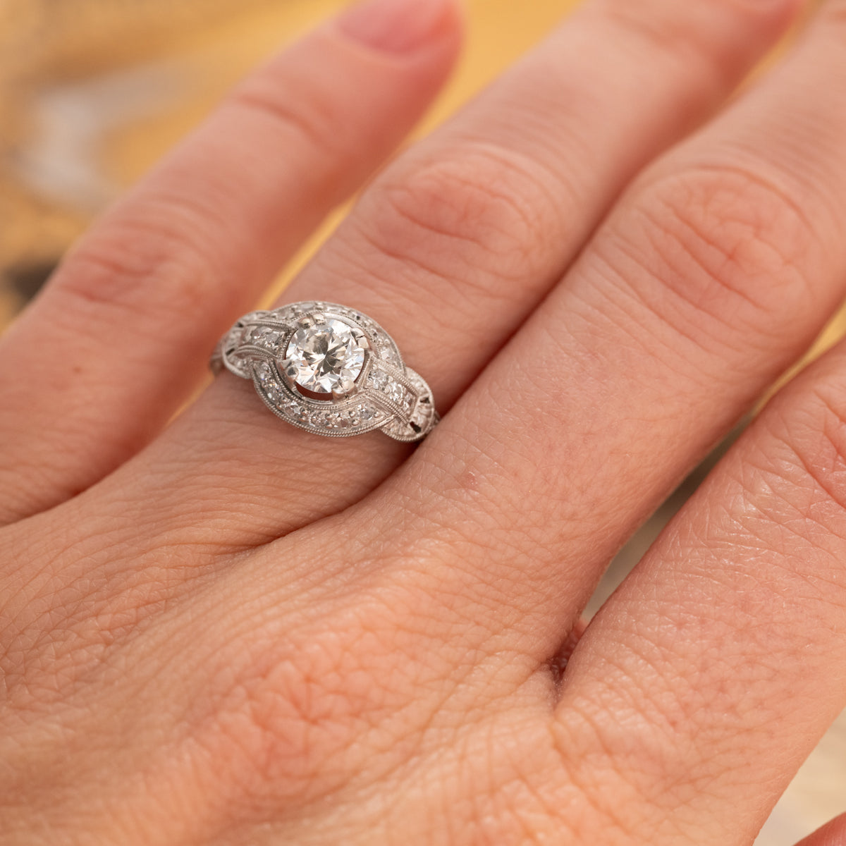 Vintage Transitional Cut Diamond Halo Ring