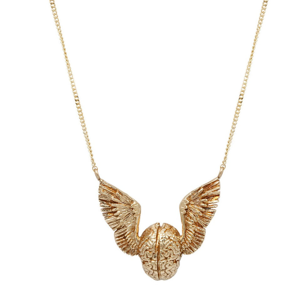 flying brain necklace in 14k solid yellow gold