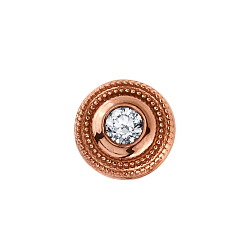 A BVLA 14K rose gold Millgrain Bezel - 5.5mm flatback stud with a central clear gemstone and beaded millgrain border.