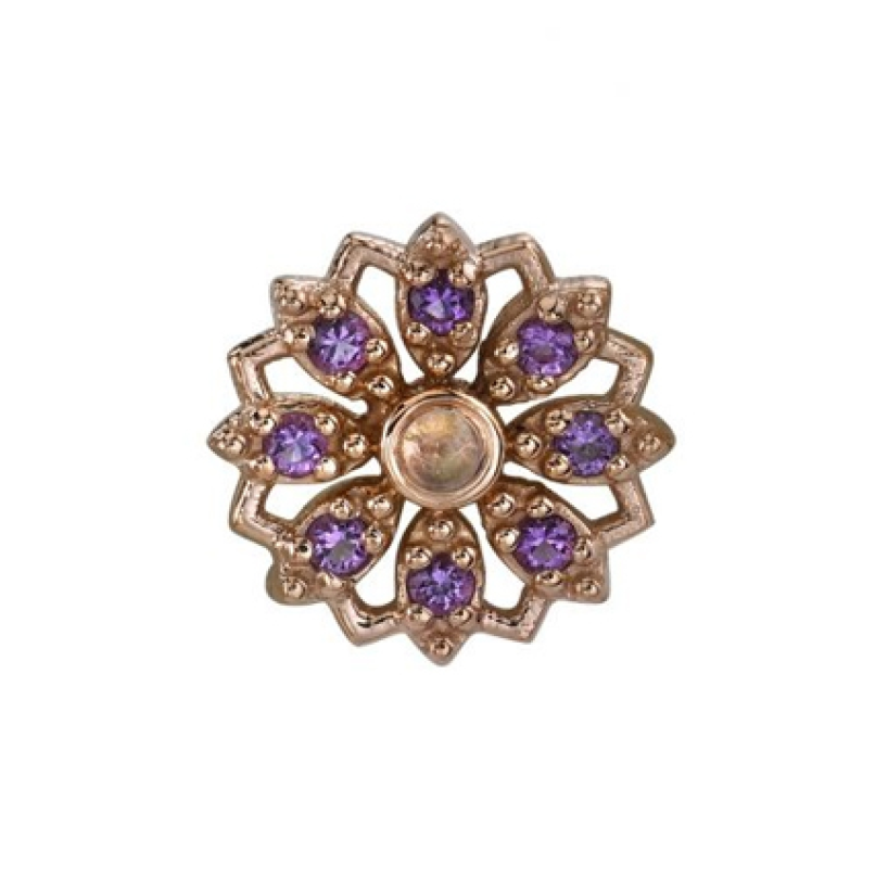 BVLA Rosette stud earring: a rose gold flower shape with a central rainbow moonstone and eight small purple gems.