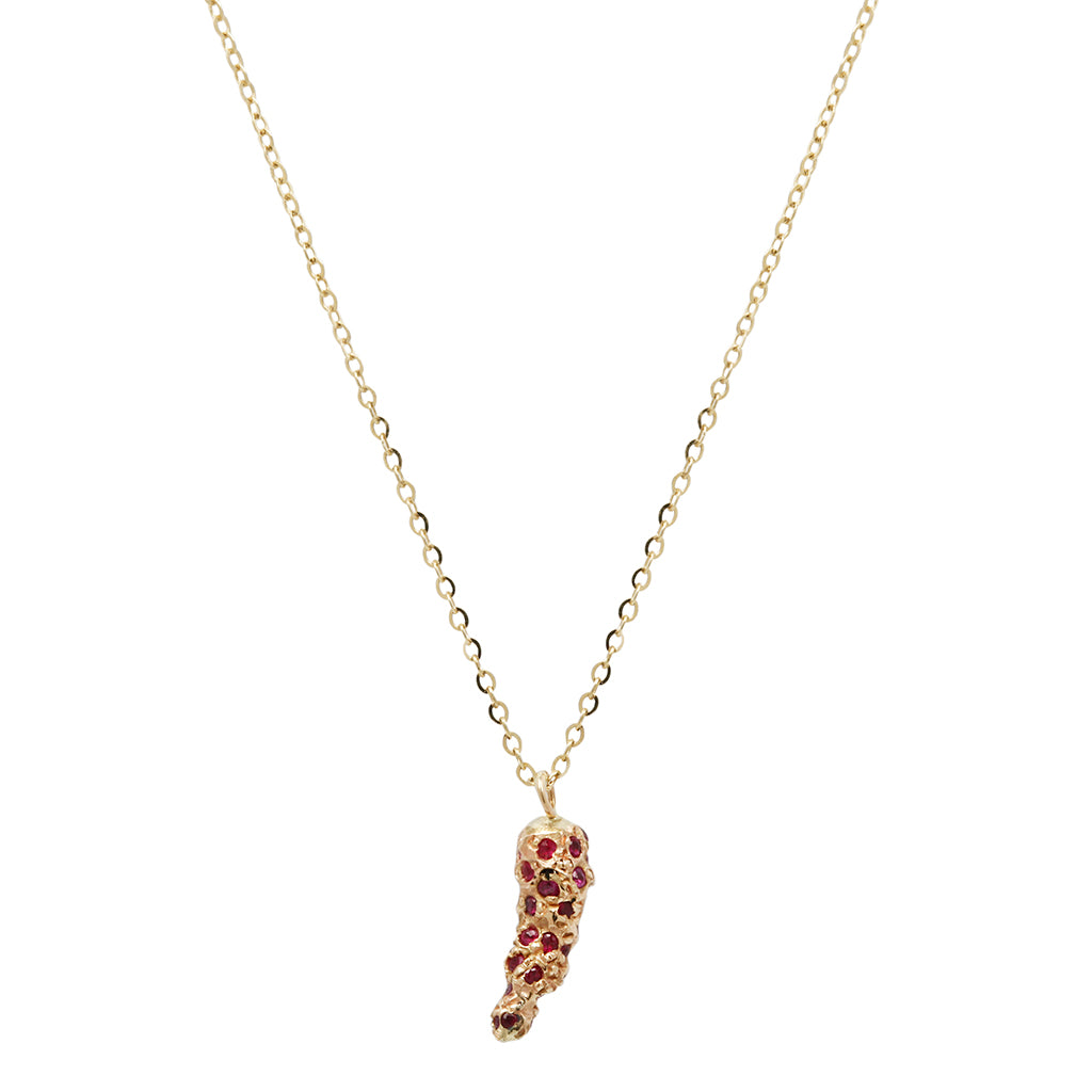 Cornicello shaped necklace with rubies and diamonds in 14k gold
