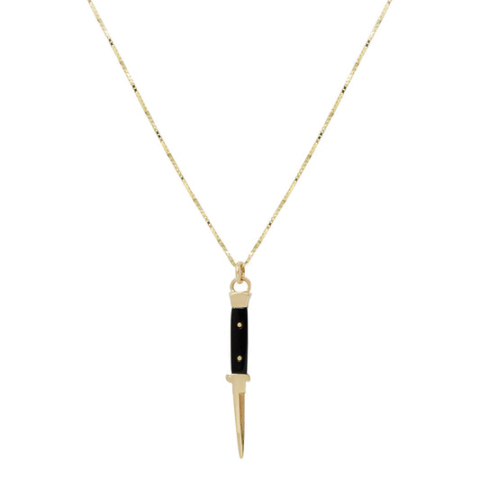 knife necklace with onyx or mother of pearl inlay in solid gold on a solid gold chain